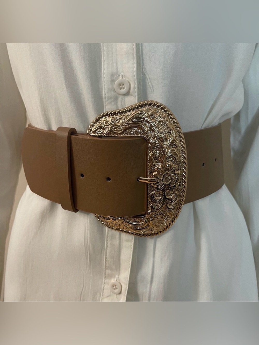 Taupe faux leather chunky gold tone buckle belt
